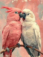 A sweet duo of parrots, hand-drawn with bright feathers, against a gentle pink canvas.