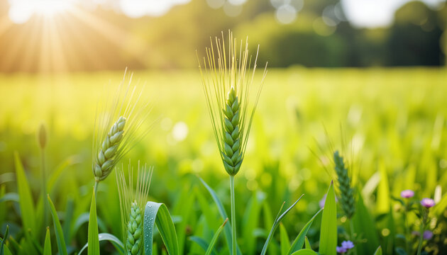 Young wheat sprouts glistening in morning dew, growth and renewal