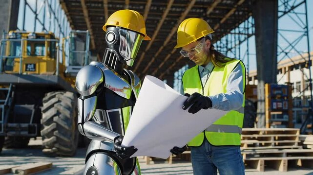 Advanced humanoid robot and construction engineer are examining blueprints on a bustling construction site, showcasing the future of collaborative work in slow motion