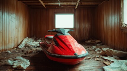 This striking image features a red jet ski in an abandoned space, surrounded by debris, creating an intriguing juxtaposition of adventure and desolation in a forgotten environment.