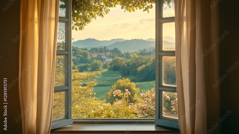 Poster soft curtains flutter gently in the morning breeze as sunlight pours through the open window, showca