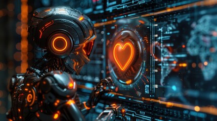 Futuristic Robot Interacting with Heart Symbol on Digital Screen
