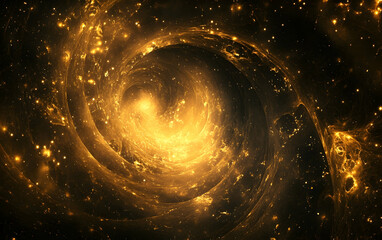 Golden magic dust swirling over a deep black background, radiating elegance and mystery