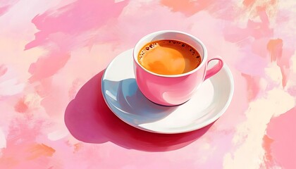Pink coffee cup, sunny day, pink background, breakfast