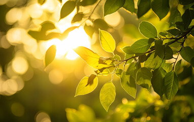 Obraz premium Golden Sunlit Canopy: A leafy tree branch basking in warm sunlight, its fresh green leaves glowing in the golden hour