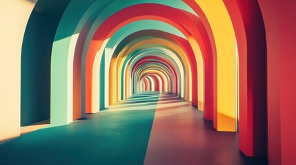 Colorful archway tunnel, vibrant rainbow hues, sunlight, abstract background.