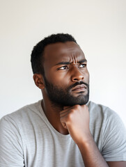 Obraz premium A man in deep thought, resting his chin on his hand with a focused expression. He has a slight furrow in his brows, wearing a gray t-shirt, against a light, neutral background