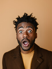 A man with short, curly hair and a beard, wearing a brown jacket over a yellow shirt. His eyes are wide and his mouth open in surprise or excitement, set against a warm, neutral background
