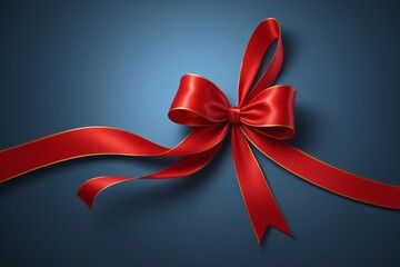 a close up of a red ribbon with a bow on a blue background