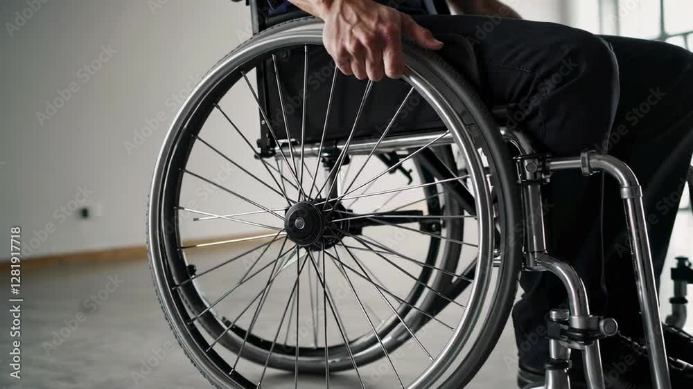 Poster close up slow motion of a man's hands pushing the wheels of his wheelchair in an empty room with lar