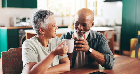 House, coffee and old couple with love, toast and bonding together with herbal tea, smile and romance. Valentines day, mature man and senior woman in living room, cappuccino and cheers with marriage
