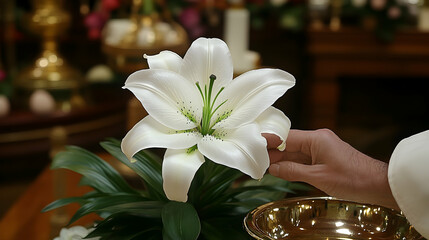 White lily in church, hand gently touching, Easter service, blurred background, religious ceremony