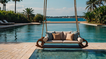 Beautiful Swing sofa on the Swimming pool waters outdoor beach