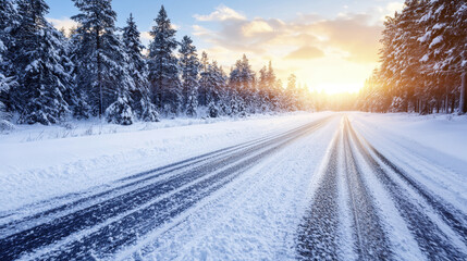 Fototapeta premium serene winter landscape featuring snow covered road surrounded by tall evergreen trees, illuminated by beautiful sunset
