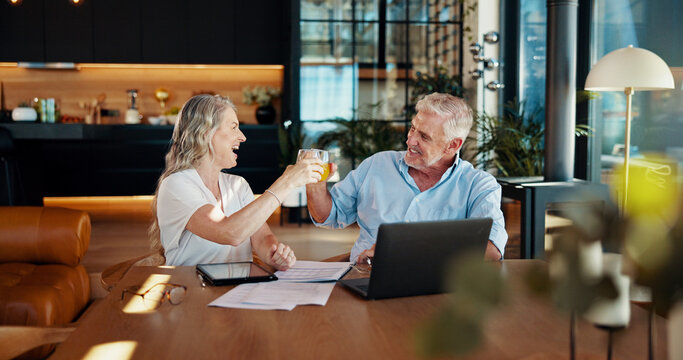 Toast, success and laptop with old couple at home for social security benefits, annuity growth and retirement fund. Account balance, online banking and 401k withdrawal with people and cheers