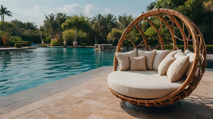 Beautiful Swing sofa on the Swimming pool waters outdoor beach