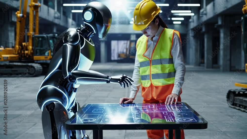 Poster advanced industrial humanoid robot and female engineer working together using a futuristic digital t