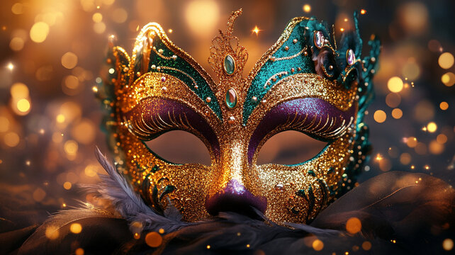 vibrant masquerade mask cat face gold, purple, and green glitter, surrounded by soft feathers and sparkling bokeh lights, evokes sense of mystery and celebration