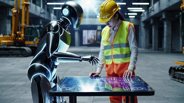 Advanced industrial humanoid robot and female engineer working together using a futuristic digital touchscreen table in a factory warehouse, slow motion