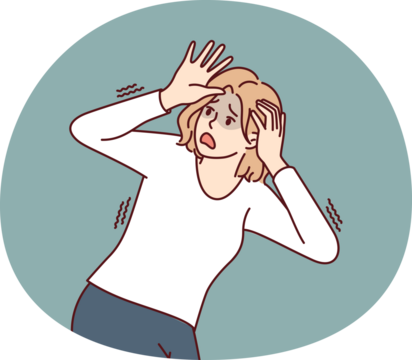 Frightened woman panicking and trying to dodge covering head with hands feeling danger and threat. Frightened girl screaming in fear suffering from phobia or panic attacks due to psychological problem
