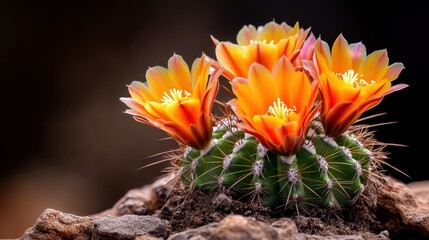 A blooming cactus showcases vibrant orange flowers against a soft-focused dark background, highlighting nature's beauty and resilience in harsh environments.