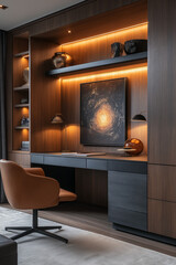 Photographie immobilière d'un bureau moderne avec bureau noir élégant, étagères intégrées et éclairage d’ambiance