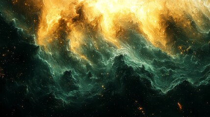 Obraz premium Vibrant cosmic clouds in shades of green and gold, evoking a sense of wonder and exploration in the vast universe.