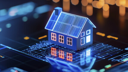 Smart home model with solar panels on digital interface, symbolizing innovation and sustainability