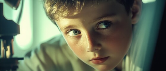 A boy's focused expression reveals curiosity and concentration as he observes through the microscope, embodying youthful discovery and fascination.