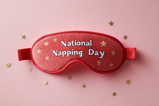 Red Sleeping Mask with 'National Napping Day' Text on Light Pink Background with Stars, Top View