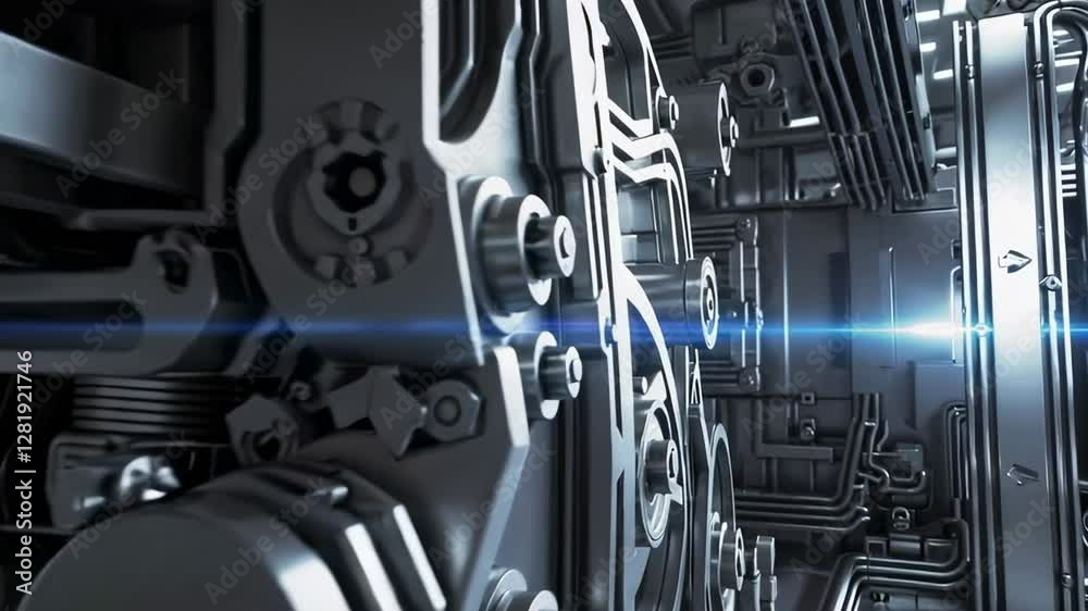 Fototapete Futuristic machinery operates smoothly, showcasing intricate details and complex mechanics, observed by engineers in high visibility vests within a technologically advanced environment