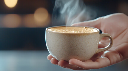 Hot Coffee Cup in Hand with Steaming Fresh Brew in Soft Focus