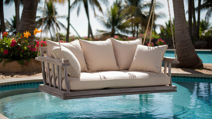 Beautiful Swing sofa on the Swimming pool waters outdoor beach