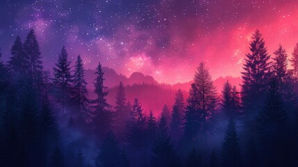 Dreamy Night Sky Over Serene Forest with Starry Background