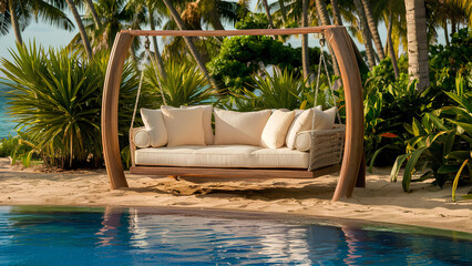 Beautiful Swing sofa on the Swimming pool waters outdoor beach