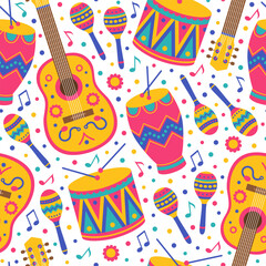 Colorful seamless pattern with guitars, drums, drumsticks, maracas and notes. Ethnic musical instruments for Brazil carnival, music festival. Vector flat illustration for wallpaper, textile, packaging