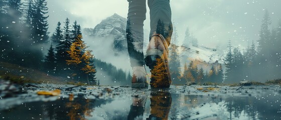 Fototapeta premium double exposure, human feet symbolizing travel