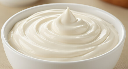 A close-up of a bowl filled with creamy, smooth yogurt or sour cream, with a swirl on top, set against a plain white background.