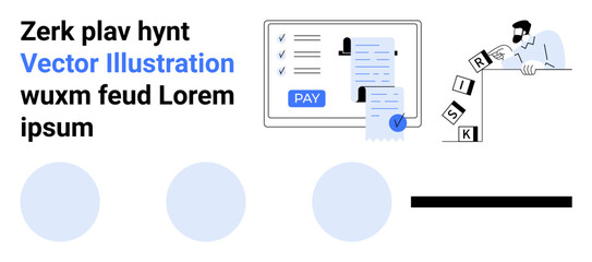 Businessman evaluating risk blocks as payment approval process is completed on a digital interface. Ideal for finance, technology, risk, strategy, payment systems, decision-making, abstract line flat