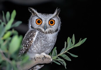 Night owl perched on branch, dark background, green foliage