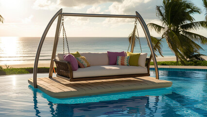 Beautiful Swing sofa on the Swimming pool waters outdoor beach