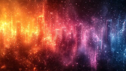 Naklejka premium Vibrant cosmic landscape with swirling colors of orange, pink, and blue, evoking a sense of wonder and exploration in a digital universe.