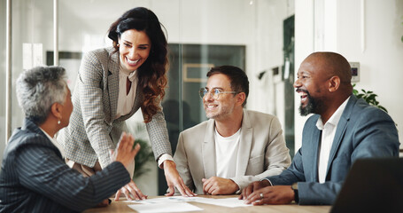 Meeting, documents and business people with laugh in office for finance investment with company....