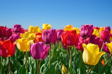 Colorful Tulip Field Under Clear Blue Sky in Springtime Blooming Garden