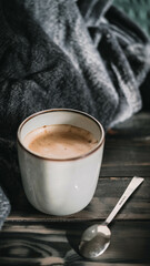 Dunkles, gemütliches Kaffeesetup mit samtiger Crema