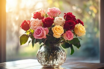Beautiful Mixed Roses Arrangement in Glass Vase with Natural Light in Background