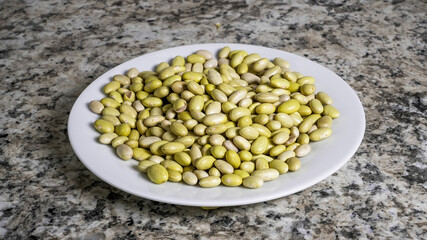 Variety of raw Canary beans displayed on a white plate on a granite countertop