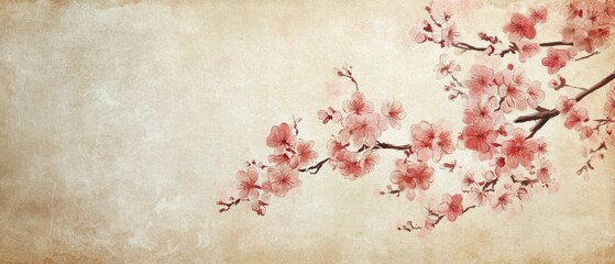 Japanese woodblock print style cherry blossoms over a textured handmade paper background, exuding vintage aesthetics