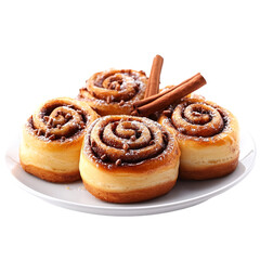 Fototapeta premium Cinnamon Rolls with Chocolate Chips and Cinnamon Sticks on a White Plate.