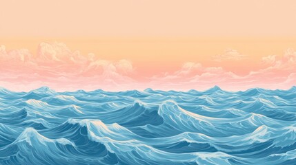 Serene ocean waves at sunset, pastel sky.